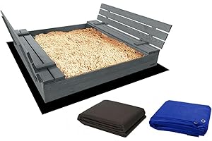 LADANAS bac à Sable Enfant en Bois fermé de 120 x 120 cm avec bancs-bac a Sable avec Couvercle- Bois de pin imprégné-Gris - INCL.1 bâche de Protection 1 bâche Isolante