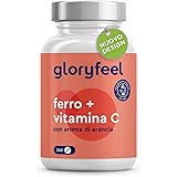 Integratore Ferro 20mg + Vitamina C con Sapore di Arancia, 240 Compresse Vegan, per Anemia, Mestruazioni e Stanchezza Fisica,