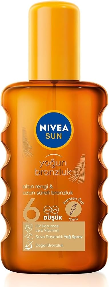 NIVEA SUN Karoten Özlü Yoğun Bronzlaştırıcı Güneş Yağ Sprey 200ml, E Vitamini,Doğal ve Altın Rengi Bronzluk