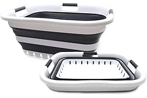 SAMMART 41L - Set di 2 cestini pieghevoli in plastica con 3 manici e 3 scomparti, pieghevole, per la lavanderia, per risparmiare spazio (2, bianco/nero)
