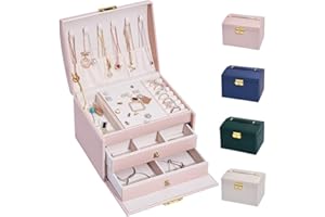 hombrima 3 Layers Travel Jewelry Box, Jewelry Storage Organizer Cases with 2 Drawers and Lock for Women’s Necklace Earrings Rings Bracelet (Pink)