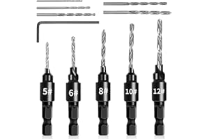 Zhufas 5Pcs Fraises de Jeu de Forets à Fraiser Jeu de Forets à Chanfreiner 1/4" Réglable 5 Pcs Mèches de Remplacement avec Clé Hexagonale Kit D'utilisation Simple et Facile à pour Le Travail Du Bois