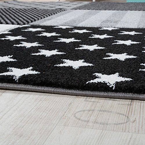 Kinderteppich Sterne Muster Kurzflor Konturenschnitt Karo Design Grau Schwarz , Grösse:120×170 cm - 3