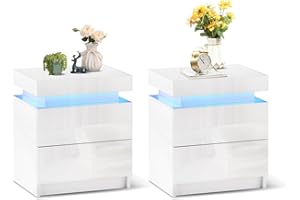 ‎TUKAILAI TUKAILAI 2X Nachttisch Weiß mit RGB Led Licht 2 Schubladen Nachtschrank Holz Beistelltisch Organizer Einheit Nachtkonsole Nachtkommode für Schlafzimmer Wohnzimmer