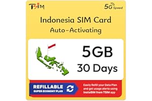 TSIM SIM Bali Indonésie | Plan Super Économie Rechargeable 5 Go ! Activation Automatique, validité 30 Jours | Vitesse 5G + Partage de Connexion | Données Uniquement, Aucun Numéro de Téléphone