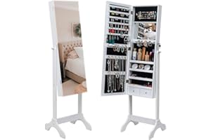 Alightup Armoire à Bijoux, Armoire avec Miroir sur Pied, Armoire de Rangement sur Pieds avec Tiroirs, Miroir Pleine Longueur, Organiseur à Bijoux Verrouillable, Blanc