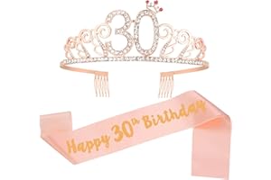 KroY PecoeD 30 Ans Couronne Anniversaire Écharpe, Rose Anniversaire Ceinture et Diadème pour Femme, Diademe Princesse Happy 30th Birthday Costume Accessoire Décoration Anniversaire Cadeau
