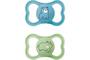 MAM Air silikonowy smoczek, bardzo lekki i przewiewny design z tarczą, przyjazny dla żuchwy, ze specjalnego silikonu MAM SkinSoft, z pudełkiem na smoczek, od 16 miesięcy, niedźwiedź/nosorożec, 2 szt