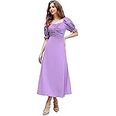 Shasmi Girl's & Women's Solid A-Line Ruched Puff Sleeve Maxi Long Evening One Piece Long Dress for Women Stylish (Dress 131)