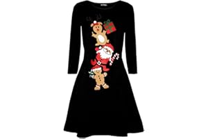 FASHION STAR Womens Christmas Xmas Long Sleeve Snowman Dancing Reindeer Santa Face Swing Mini Dress