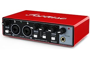 Asmuse USB Audio Interface, 24Bit/196kHz Professional Sound Card, Audio Mixer with XLR/TSR/TS Ports for Guitarist, Vocalist, Podcaster or Producer (Red)