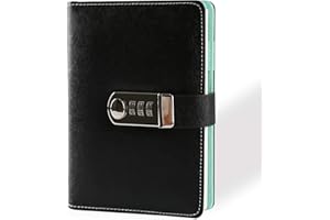 AOORY Cuaderno con contraseña, tamaño A6, para hojas sueltas, rellenable, 104 hojas, de piel sintética, con cierre de combinación., color negro