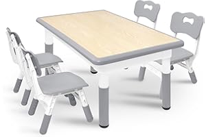 Aufun Mesa para niños con 4 sillas, Grupo de Asientos para niños Regulable en Altura, Juego de sillas de Mesa para jardín de Infancia y habitación Infantil, Mesa de Pintura fácil