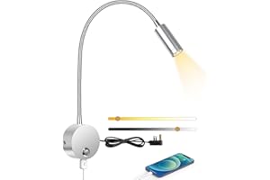 ERWEY Reading Lamp Wall Mounted, LED Wall Lamp Bedside Lamp with Switch Touch Dimmable and USB Charging Port, Bed Reading Light 360° Swing Gooseneck Lamp with Plug and Cable for Bedroom, Silver