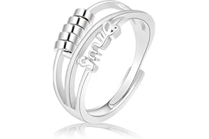 Mezrkuwr Anillo de ansiedad de Plata, Anillos de ansiedad Sonriente con Bolsa de joyería, Anillo Giratorio de Cuentas, Anillos antiestrés Ajustables, Anillos de descompresión