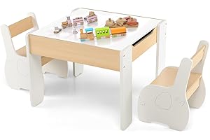 DREAMADE 3 en 1 Ensemble Table et 2 Chaises Enfant,Table d'Activité avec Tableau Noir,Dossier Ergonomique,Boîtes de Rangement,Motif Éléphant pour Dessiner,Étudier (Blanc)