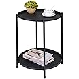 H JINHUI 2-Tier Round Side Table, Black Metal Tray End Table, Anti-Rust and Waterproof Snack Table Coffee Table, Nightstand Sofa Table with Metal Tray for Living Room Bedroom Balcony