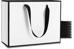 KASTWAVE Black and White Gift Bags - 20Pcs Medium Size 27x8x21 CM With Ribbon Handles - Thick Paper Boutique Bags for Wedding, Birthday, Welcome