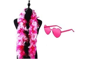 CYCFMYYLY Feather Boa, Pink Feather Boas Set with Heart Glasses, Multicoloured Feather Boa for Prom, Wedding Party, Role Play, Carnival, Halloween Accessories