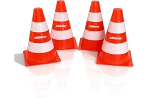 alldoro 60090 Zestaw 4 pylonów dla dzieci, czapeczki komunikacyjne pomarańczowo-białe, wysokość 18 cm, stożki prowadzące w stos do slalomu, do uprawiania sportu i spędzania wolnego czasu