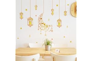 fanquare Gold Moon and Star Wall Decal Lantern Eid Mubarak Wall Stickers DIY Window Clings Islamic for Home Party