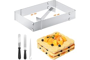 QEEYON Marco para Hornear Rectangular Ajustable, Molde Extensible para Hornear con Separadores Y Espátula, Molde de Acero Inoxidable Rectangular Anillo para Tartas para Pasteles, Pizzas, Hornear