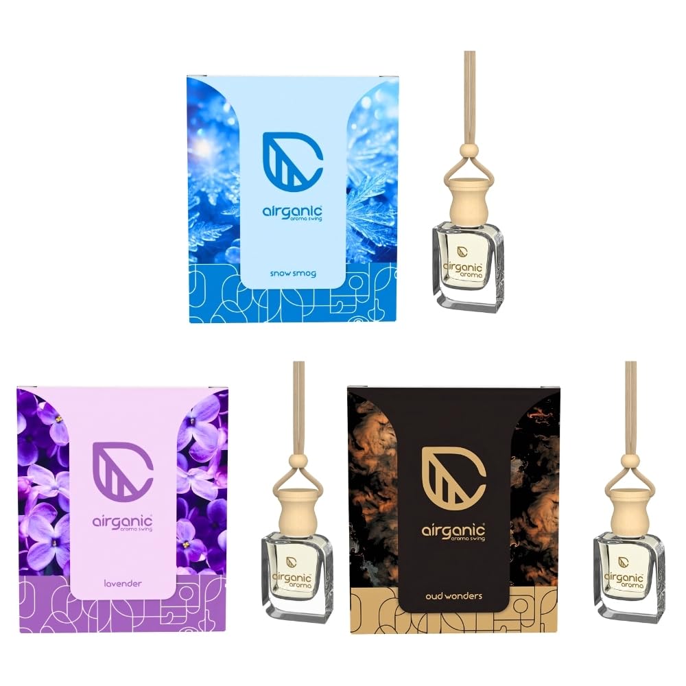 AIRGANIC Aroma Combo Offer: Snow Smog, Lavender & Oud Wonders | Aroma with Essential Oils in Glass Bottle with Wooden Diffuse
