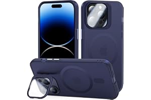 Tigratigro Case with Kickstand, Compatible Mag-Safe with iPhone 14 Pro Max, Tempered Glass H9 Camera Protection, Frosted Translucent Back Cover, Anti-Fingerprint, Velvet Touch(Navy Blue)