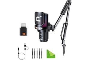 comica Wireless USB Microphone for Computer and Smartphone,48kHz/24bit RGB Cardioid Condenser Gaming Mic for Podcasting,Streaming,Recording with Boom Arm Stand-Black (EJoy Uni Pro A)