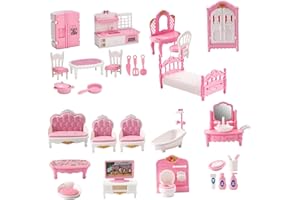 KSVFTB 32 Pcs Dolls House Furniture Set, Miniature 1:12 Scale Mini Doll House Furniture with Kitchen, Dining Room, Living Room, Bedroom, Bathroom for Playhouse Toy
