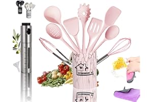 KRAPPS Utensilios de Cocina - Utensilios de Cocina de Silicona + Pulverizador Aceite Spray + Trapos Cocina | Accesorios Cocina | Espatulas Silicona Cocina | Pinzas Cocina | Bote Almacenaje Cocina (Rosa)