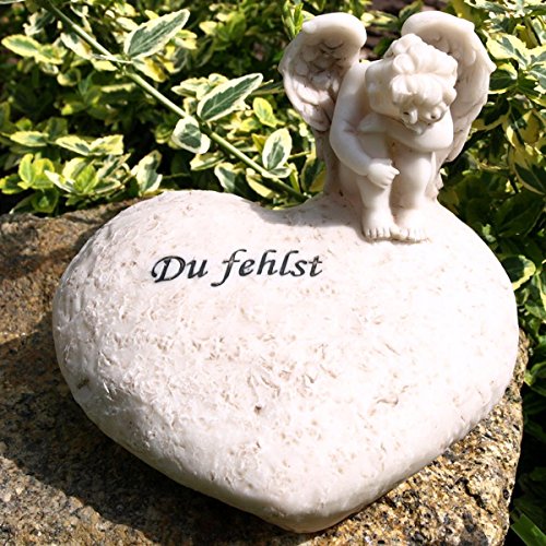 Grabschmuck Engel Figur auf Herz sitzend mit Inschrift Du fehlst.