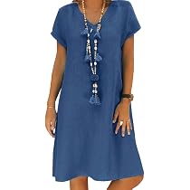 Women's Cotton Linen Midi Dress - V Neck Ruffle Summer Dress With Pockets