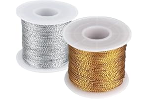 BKRDTY 2 Rollos Hilo de Dorado Plata Cordel Metálico 0.4mm x 50m Cordon Dorado para Decoración Navideña Manualidades Envolver Regalos