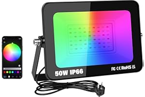 RIGIDON 1X 50W RGB Projecteur LED Extérieurs App Télécommande, 5000LM Exterieur & Interieur couleur RGBW Lumière de Projecteur, Minuteur Neon Spot Led Pour Jadin, Terrasse, Patio, IP66 étanche
