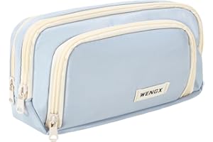 WENGX Large Capacity Pencil Case,Zip Smooth Pencil Pouch for Girls Boys with 4 Compartments Pen Bag Stationery Organizer Office Makeup Bag for Women Men(Pale Blue)
