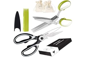 IELEK Heavy Duty Kitchen Shears Herb Scissors Set: Combo Kit of Stainless Steel Food Scissors,Herb Cutter,Two Jute Bags - Great for Meat,Poultry,Garden,Cooking and Crafts