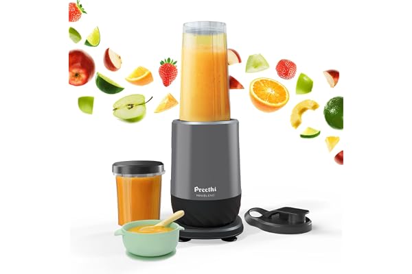 Preethi MiniBlend - Compact Blender & Juicer for Lump Free Purees & Smoothies 25,000 RPM Two Razor sharp Ninja blades, Two Leak-proof Jars with Sipper & Storage Lids Free Lifelong Service