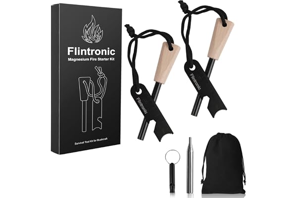 flintronic Pierre à feu Kit 7 en 1, Allume Feu Type Briquet Survie Silex avec Manche en Bois fabriqué à la Main | Silex de Survie | Lanière de Cou | Grattoir Multi-Outils | Sifflet