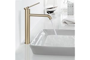 PHASAT Robinet Salle de Bain Mitigeur Lavabo en Acier Inoxydable avec Bec Haut Robinet Lavabo Vasque Eau Chaude et Froide, Brosser or PTMP01LG