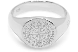 Sprezzi Fashion Herren Ring Silber Kompass Siegelring massiv 925 Sterling Silber Gravur rund poliert glänzend maritim | Männer-Schmuck mit Geschenkverpackung (Rose)