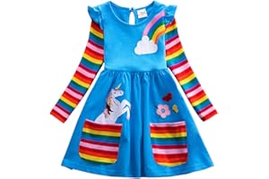 SFREEBO Little Girls Dresses Rainbow Long Sleeve/Sleeveless Dress Girls Cotton Pocket T-Shirt Dress Kids Winter/Summer Stripe Dress with Unicorn Flowers Print 3-8 Years