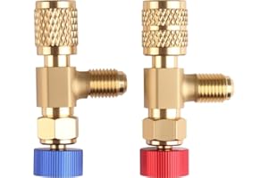 HUGWAIT 2 Piezas Válvulas Flujo Aire Acondicionado R22 R410A, Válvulas de Flujo de Latón, Refrigerante Válvula de Control de 1/4 a 5/16 Pulgadas, Relleno Refrigerante Válvula adaptador de Seguridad