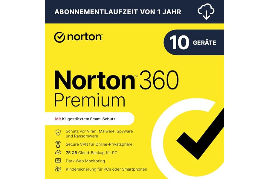 Norton 360 Premium 2025 | 10 Geräte | 1 Jahr | Aktivierungscode per Email