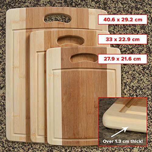 CC Boards Dreiteiliges Schneidebrett-Set aus Bambus: Hölzerne Metzger-Blockbretter mit Saftrille und Griff