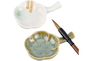 PH PandaHall 2 platos de tinta de cerámica de porcelana con asa, soporte para pinceles de pintura de caligrafía china, palés de pintura, forma de flor, cuenco multifuncional para pintura de
