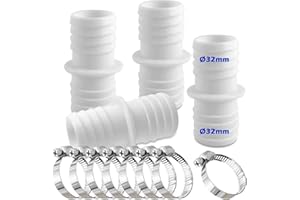 Rhsemi Set di 4 connettori per Tubi da 32 mm, con 8 Fascette stringitubo per Piscina, Adattatore per Tubo Doppio (Bianco)
