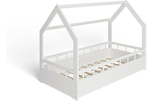 MS FACTORY Lit Enfant Bébé Maison 80x160 cm - Lit en Massif Cabane avec Protection Anti-retombée, Barrière Sécurité - Style Scandinave Montessori - Blanc Barrières