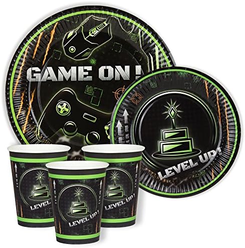 GAMER party DINNER & DESSERT Paper PLATES and CUPS for 24 GUESTS