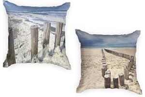 Ulticool - Kissenhülle - Strand Küste Niederlande - Set von 2 Motiven Outdoor Kissen - Wasserfest - 2 Gartenkissen Draussen Ohne Füllung – 45x45 cm – Kissenbezug für den Garten - Blau Weiss